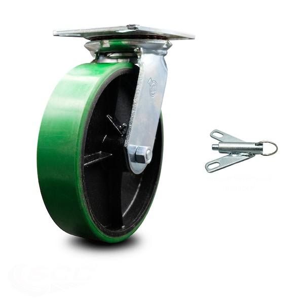 8 Inch Green Poly on Cast Iron Caster with Ball Bearing and Swivel Lock SCC